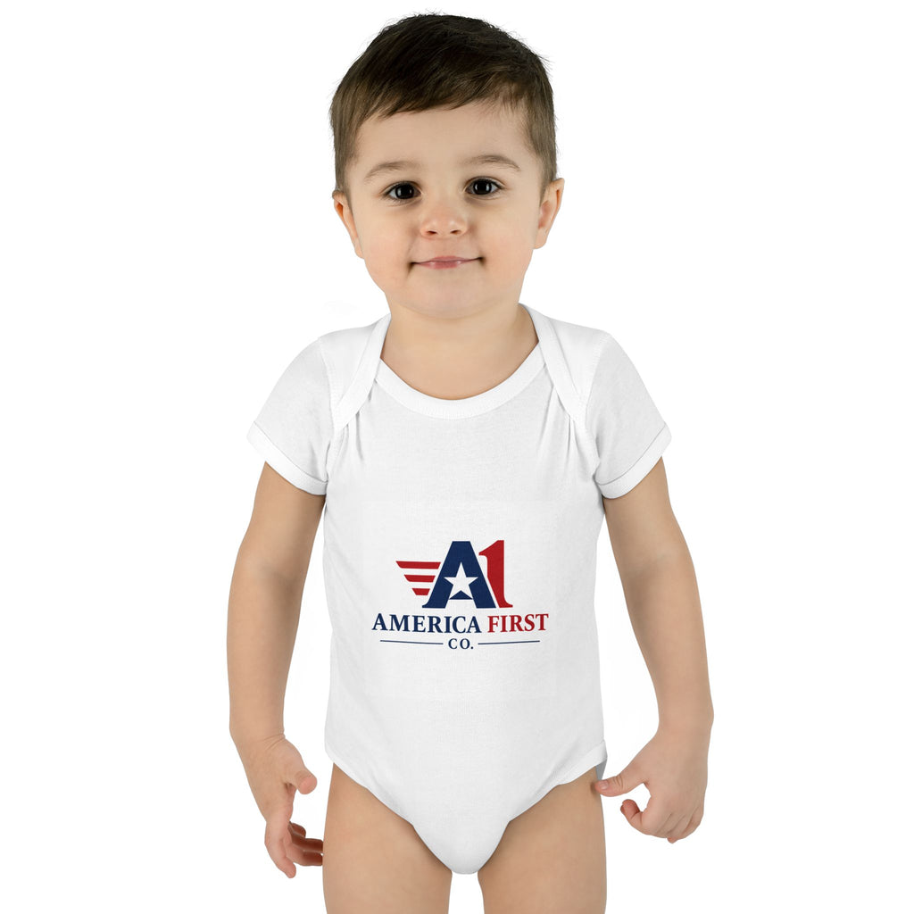 America First Infant Bodysuit - Patriotic Baby Onesie with Flag Logo