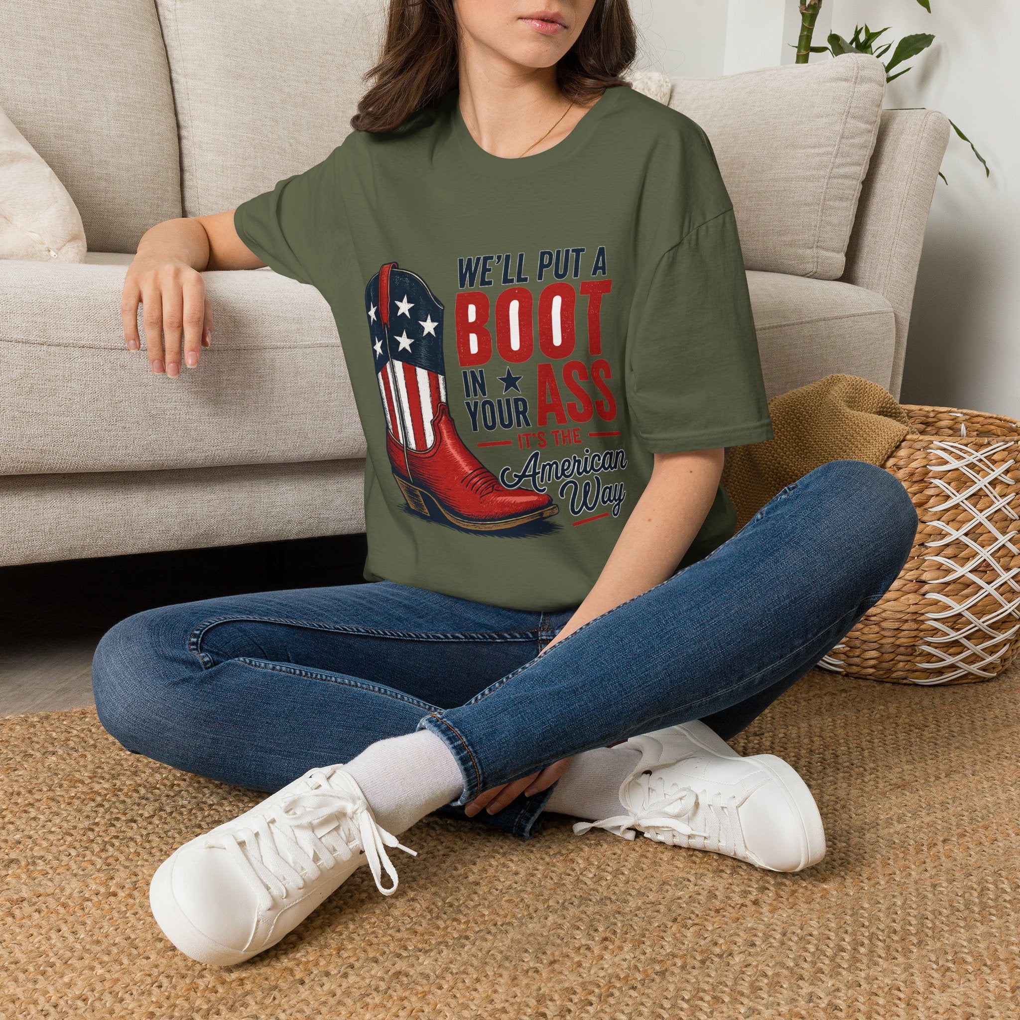 Patriotic Cowboy Boot T-Shirt — “We’ll Put a Boot in Your Ass, It’s the American Way”