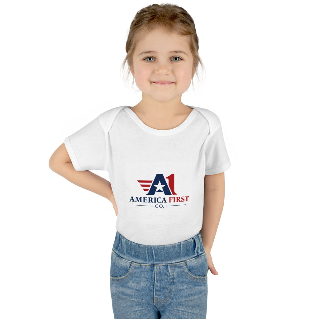 America First Infant Bodysuit - Patriotic Baby Onesie with Flag Logo