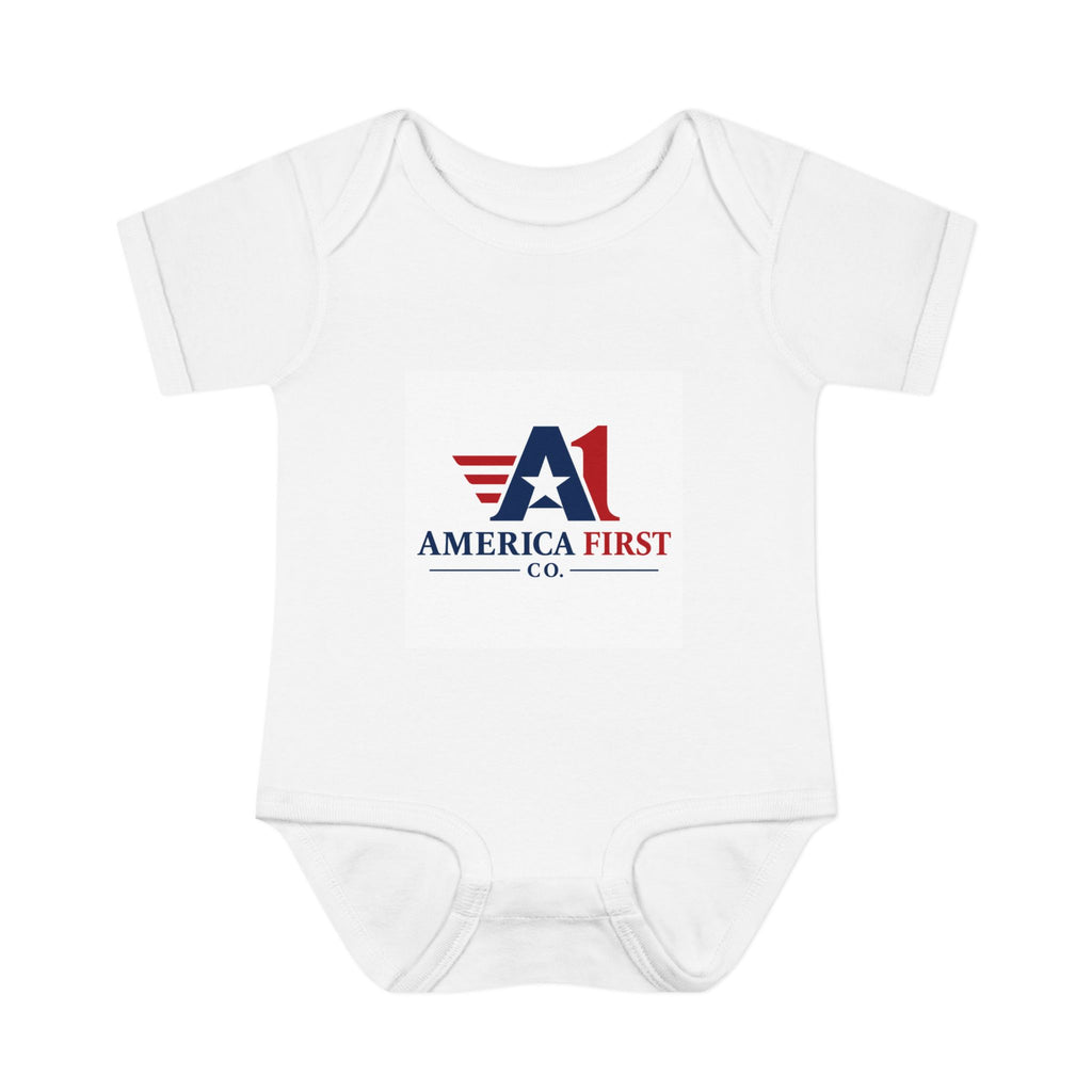 America First Infant Bodysuit - Patriotic Baby Onesie with Flag Logo